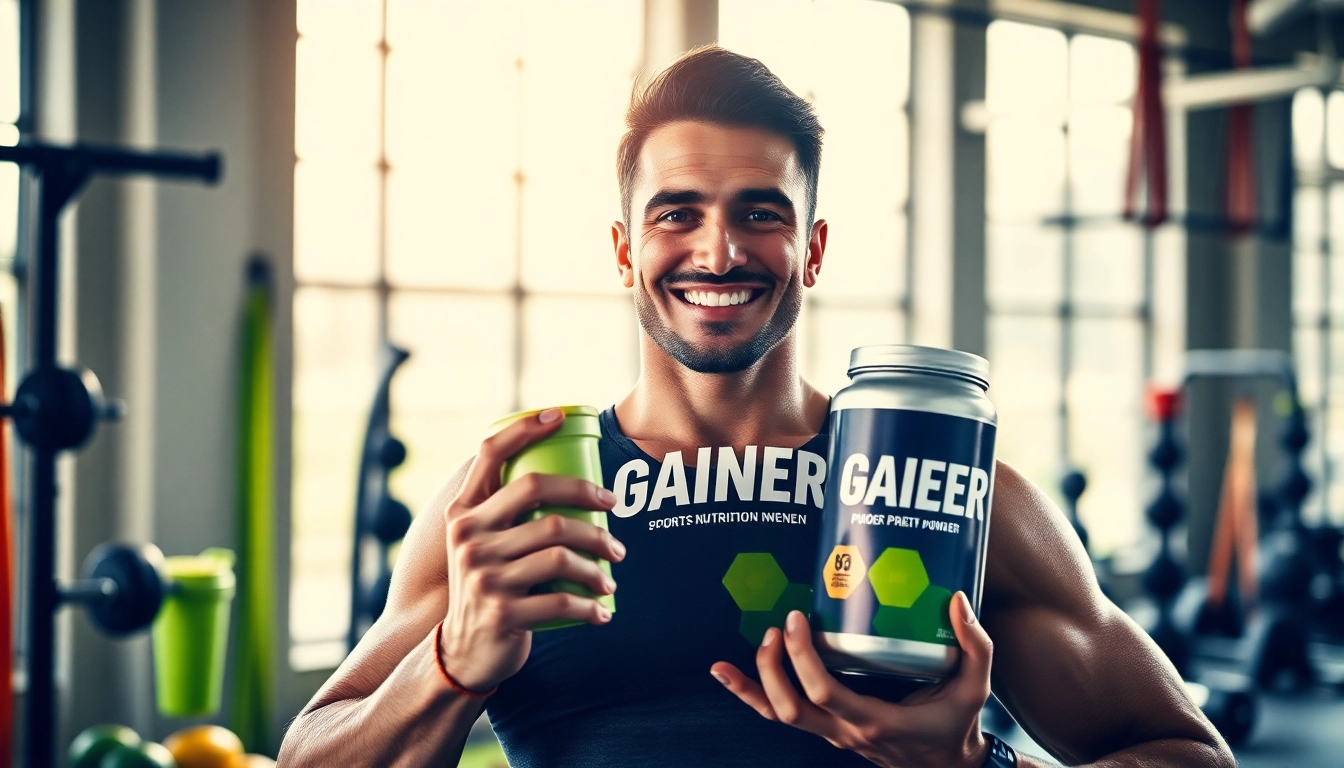 Gainer powder içeren spor beslenme uzmanı, spor salonunda motivasyon veriyor.