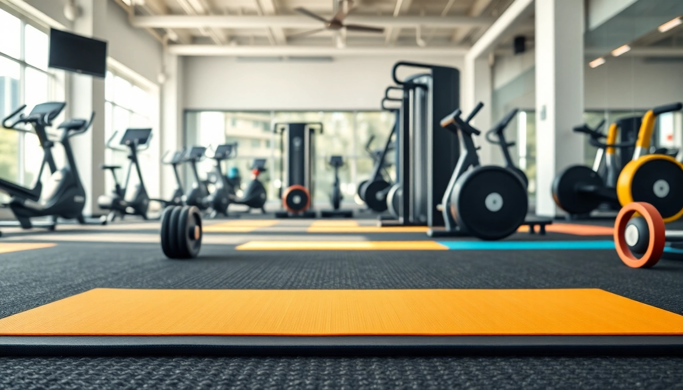 Colocar Piso de caucho para gimnasio en un entorno deportivo activo con equipos de fitness en funcionamiento.
