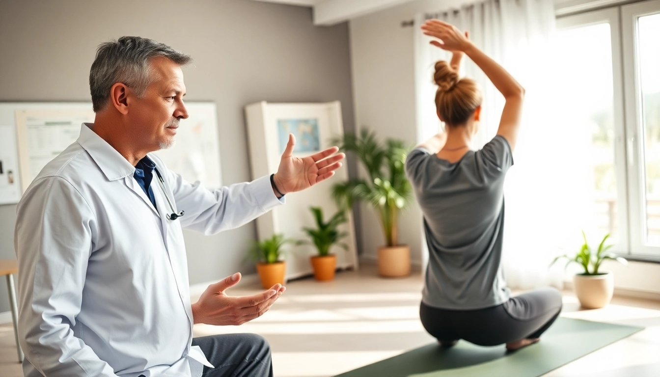 Physiotherapist demonstrating exercises for Rückenschmerzen in a bright clinic.