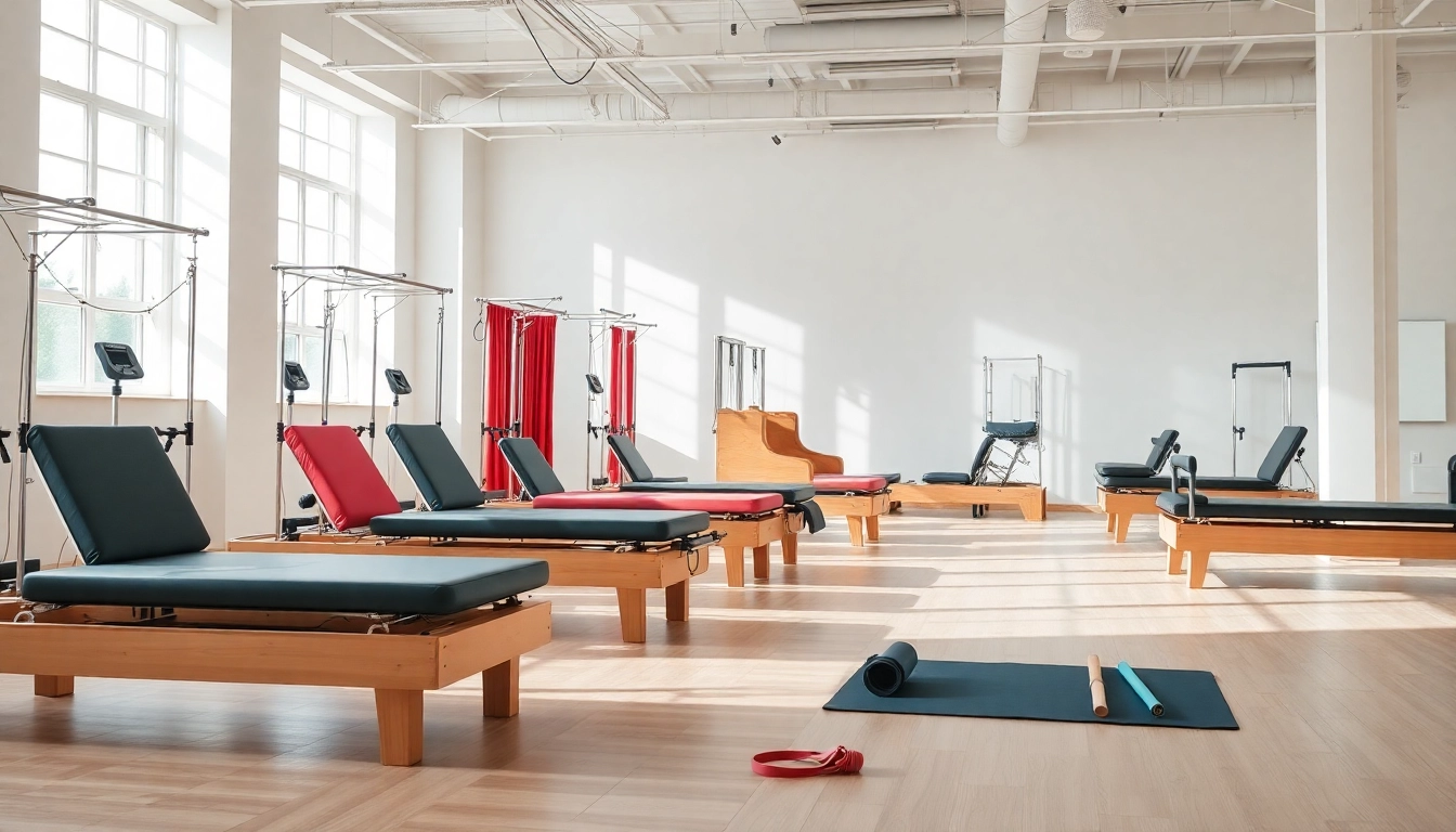 Pilates equipment manufacturer displaying an array of reformers and apparatus in a bright studio.