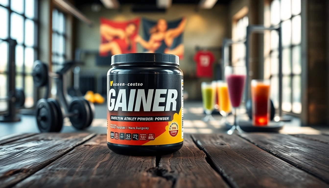 Gainer powder container displayed on a rustic table, showcasing energy and health.