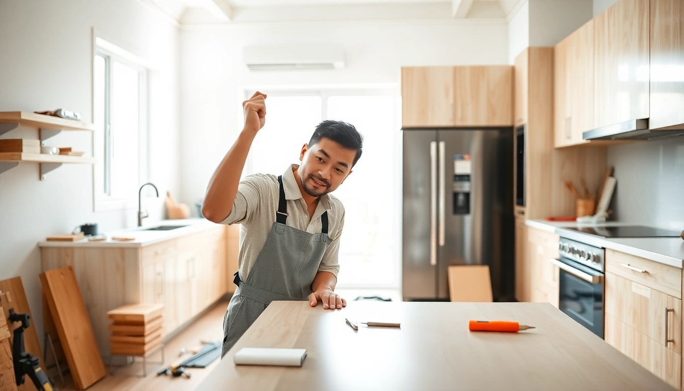 Kitchen renovation contractor installing cabinetry in a modern kitchen, illustrating expertise in remodeling.