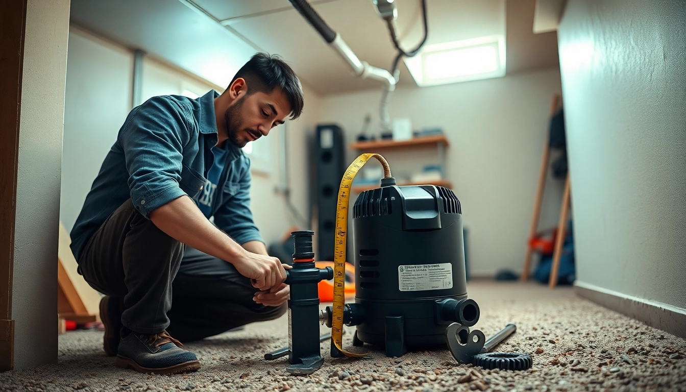 Sump pump installation procedure by a professional technician in a well-organized basement.
