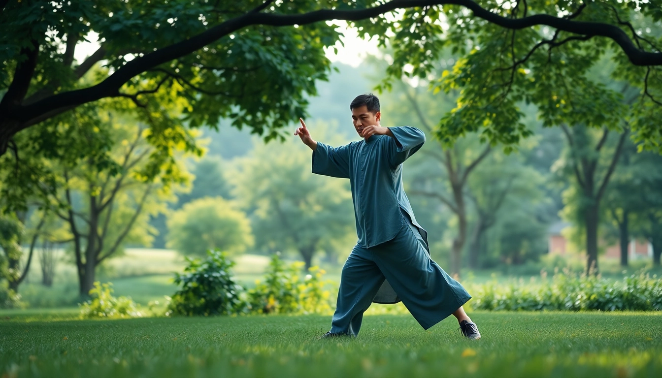 Learn Tai Chi at Home with a practitioner embracing balance in a serene outdoor setting.