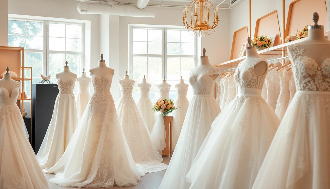 Bridal gowns Winnipeg displayed attractively in a modern boutique.