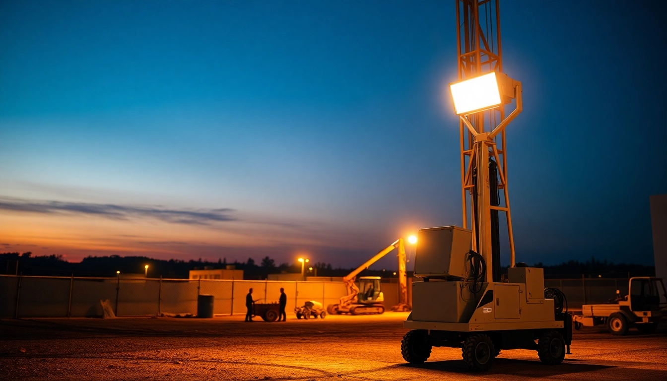 Illuminated battery light tower shining brightly at a busy construction site.