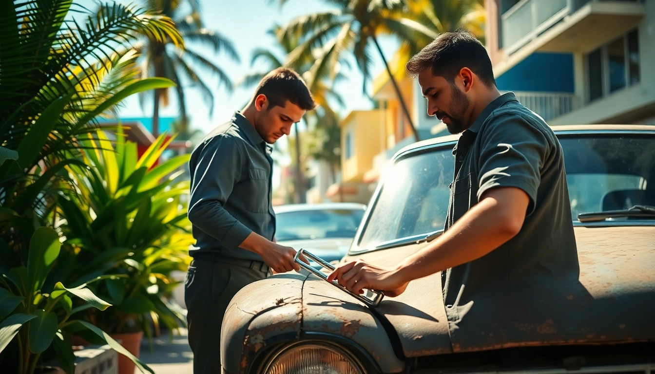 Efficient junk car Miami removal service with a mechanic inspecting an old vehicle amidst Miami's vibrant background.