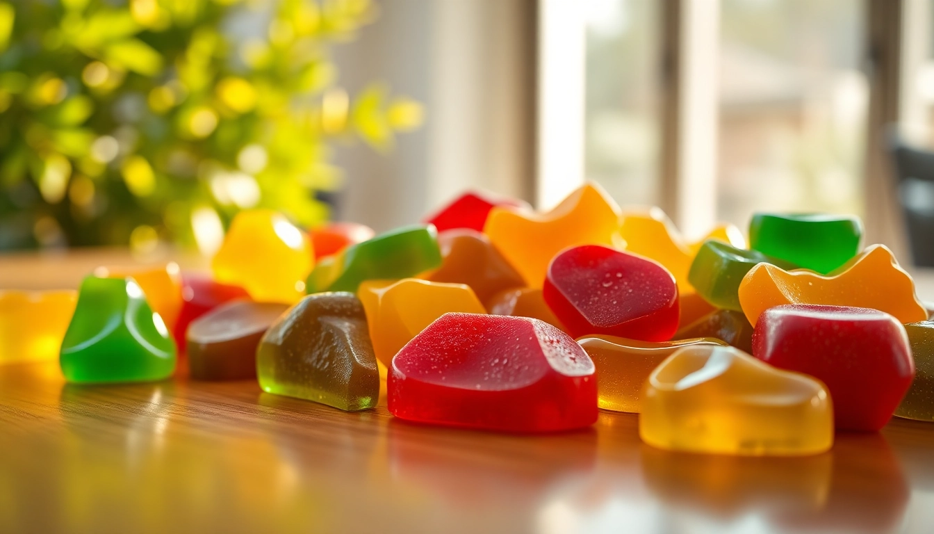 Enjoy delta 9 gummies online with a colorful assortment displayed on a polished surface.