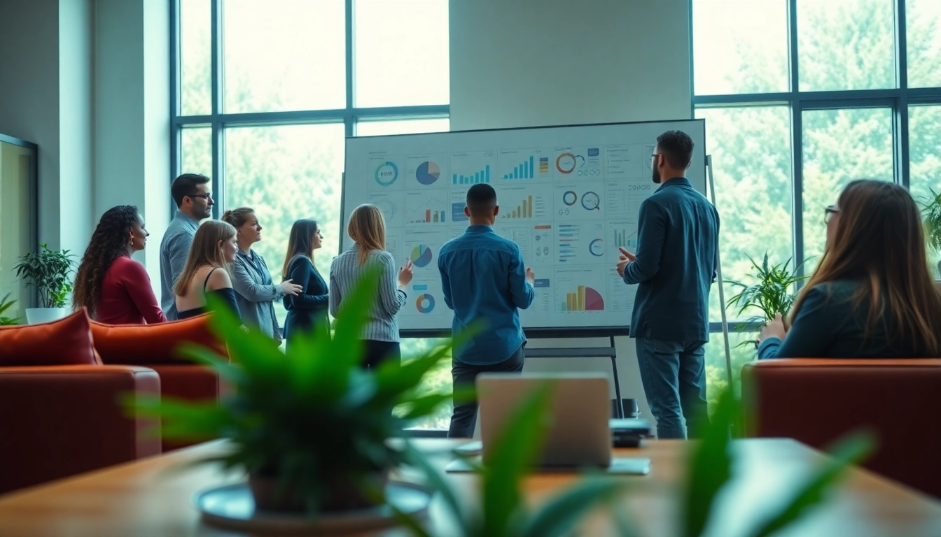 Collaborative team at a cannabis marketing agency discussing innovative strategies in a modern office.