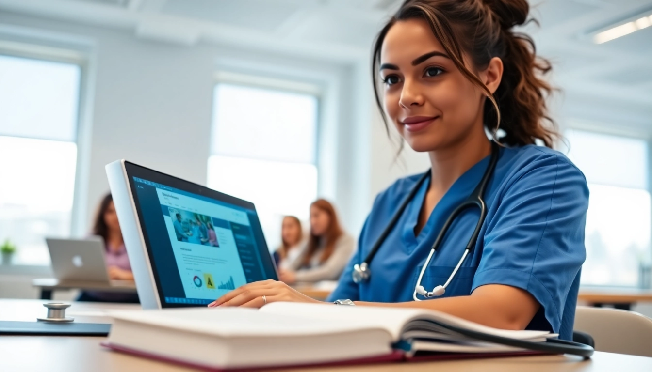 Engaged nurse studying nursing ceus on a laptop in a bright classroom.