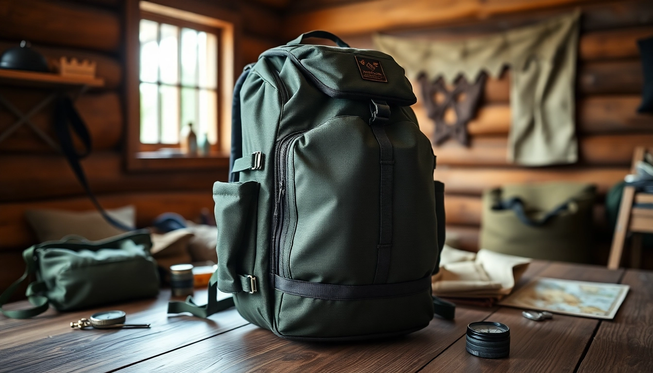 Rucksack günstig kaufen – stylischer Rucksack auf einem Holztisch mit Outdoor-Utensilien.