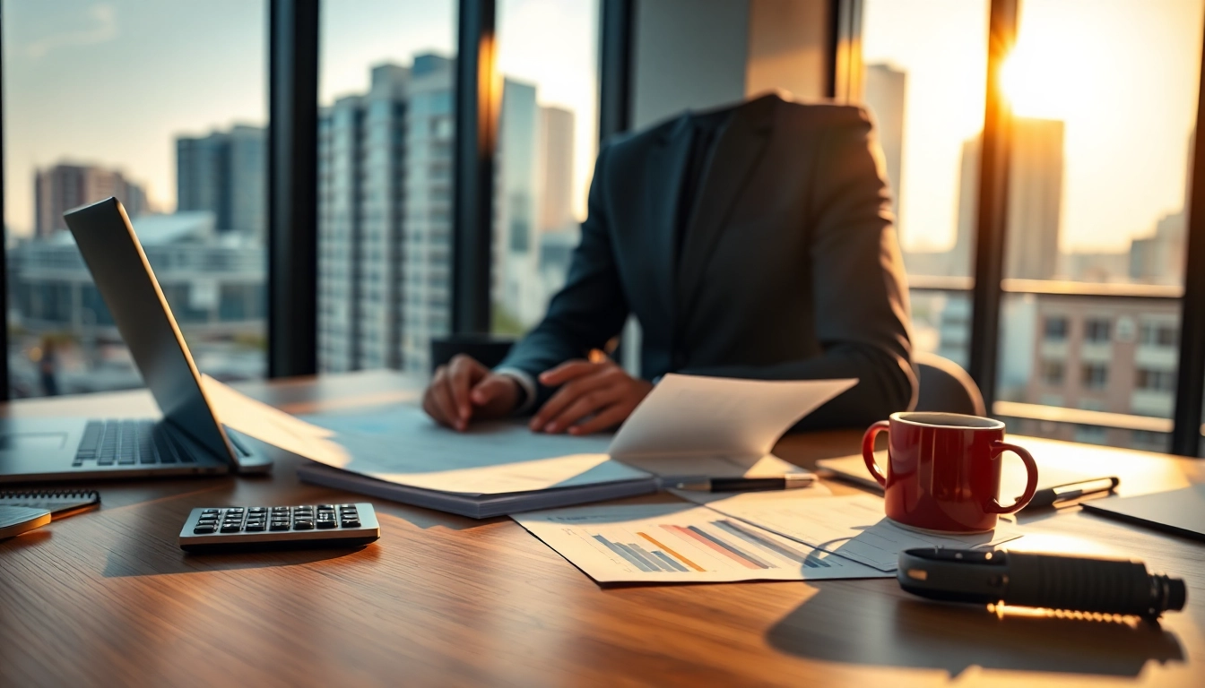 Providing expert tax services in a modern office space with financial documents and a laptop.