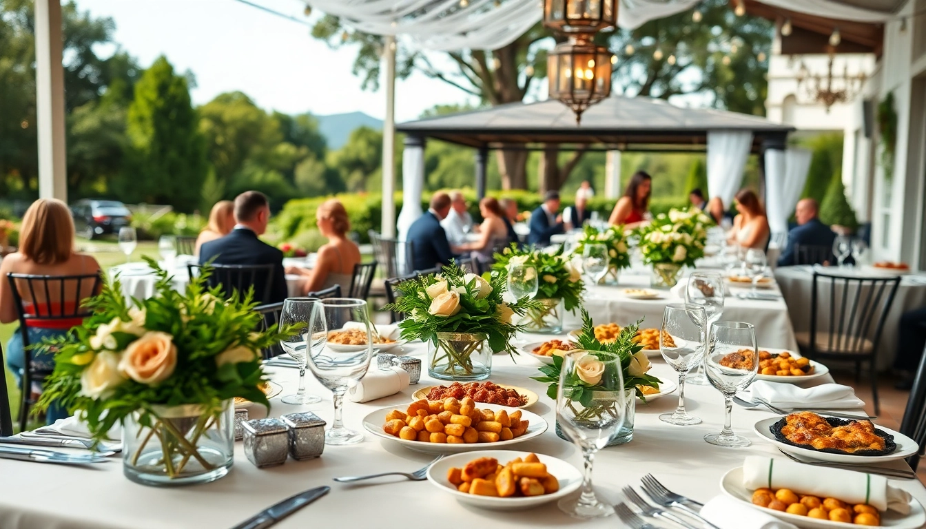 Catering setup showcasing exquisite dishes in a vibrant outdoor event setting.