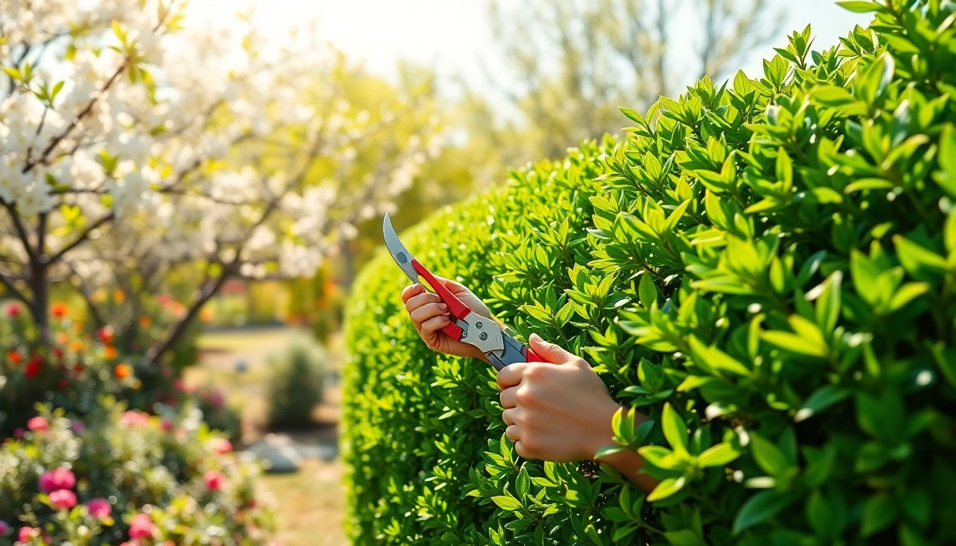 Snoeien van een volwassen haag door een tuinier met scherpe snoeischaren in zonovergoten tuin.