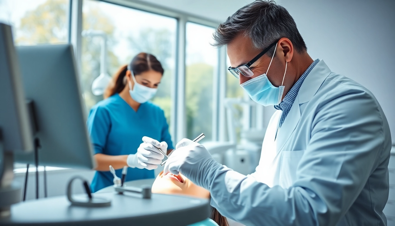 Engaging dentist performing dental cleanings on a patient in a modern clinic setting.