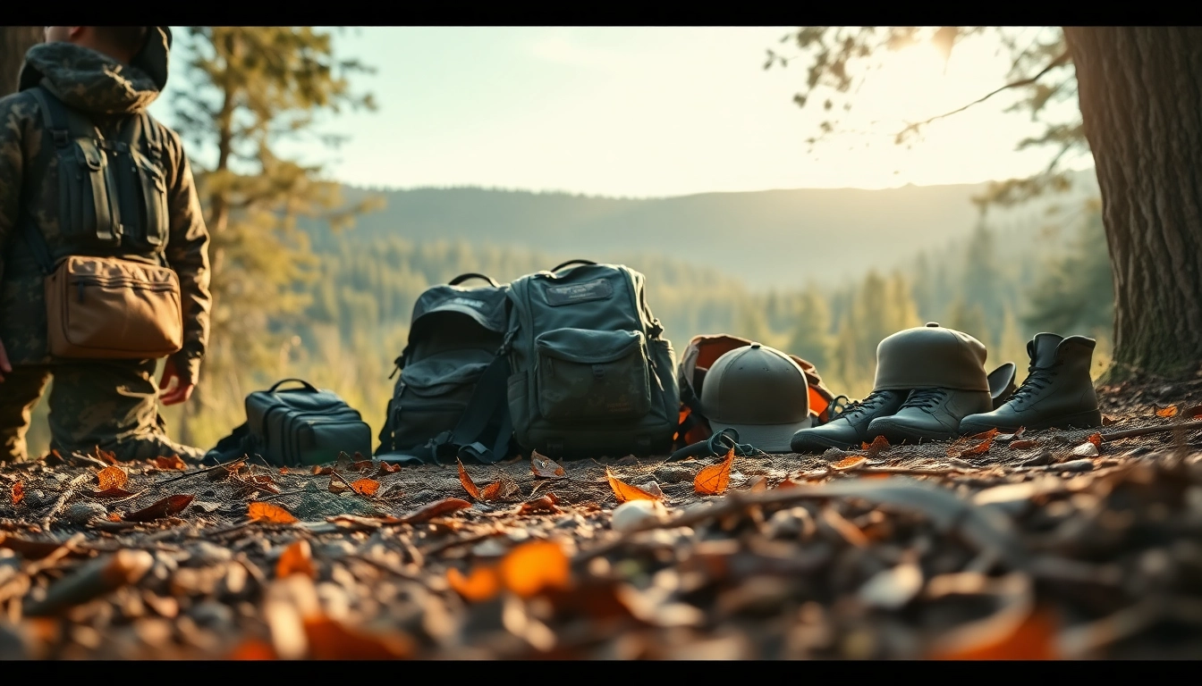 Showcase hunting gear wholesale with various outdoor products in a natural forest setting.