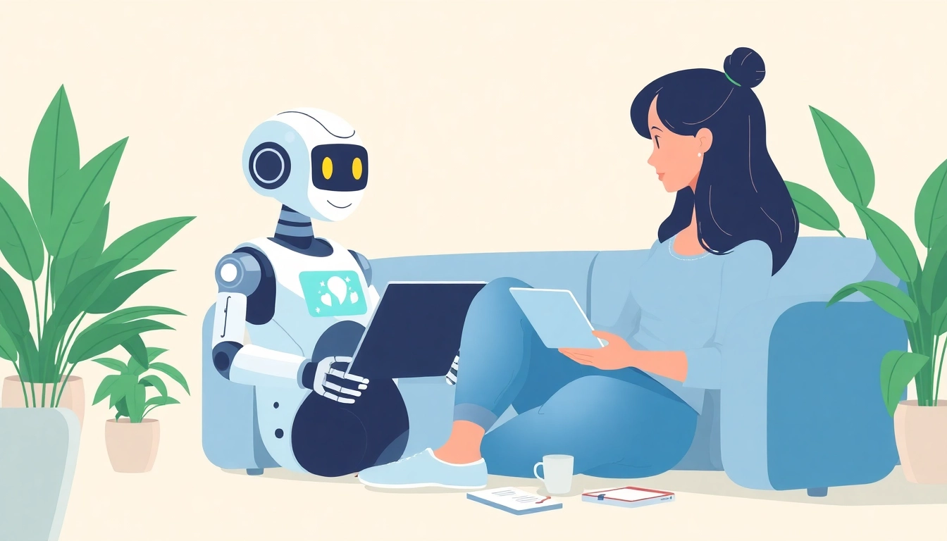 Engaging AI Therapist provides support in a calming setting fostering mental health conversations.