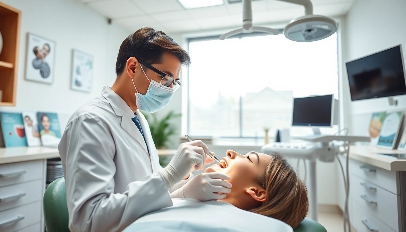 Dental crowns procedure showcasing a dentist applying crowns to a patient in a modern clinic.
