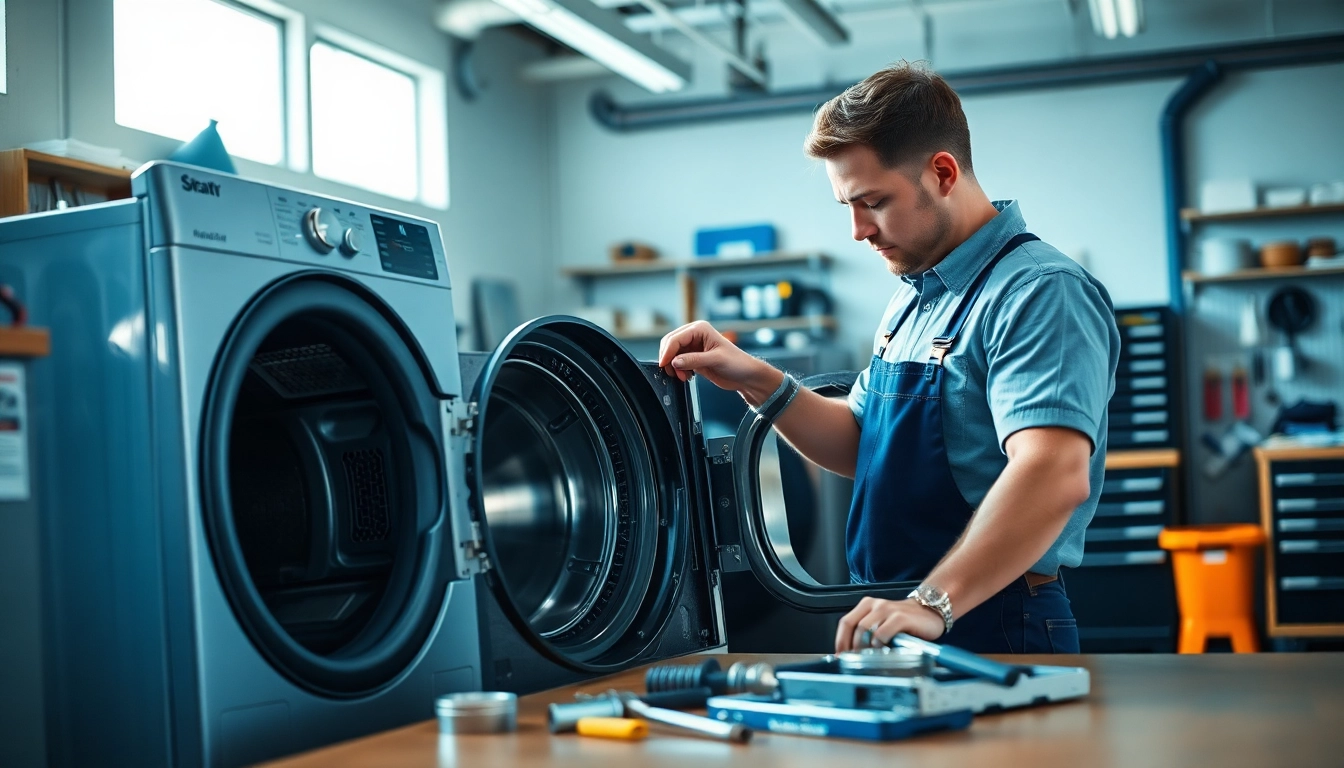 Showcasing dryer repair halifax expertise with a technician in a well-lit workshop examining a dryer.