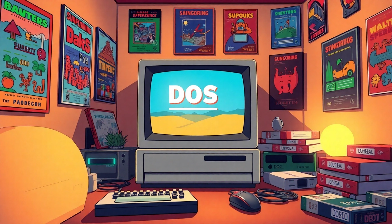Play DOS games on a classic computer surrounded by nostalgic game elements.