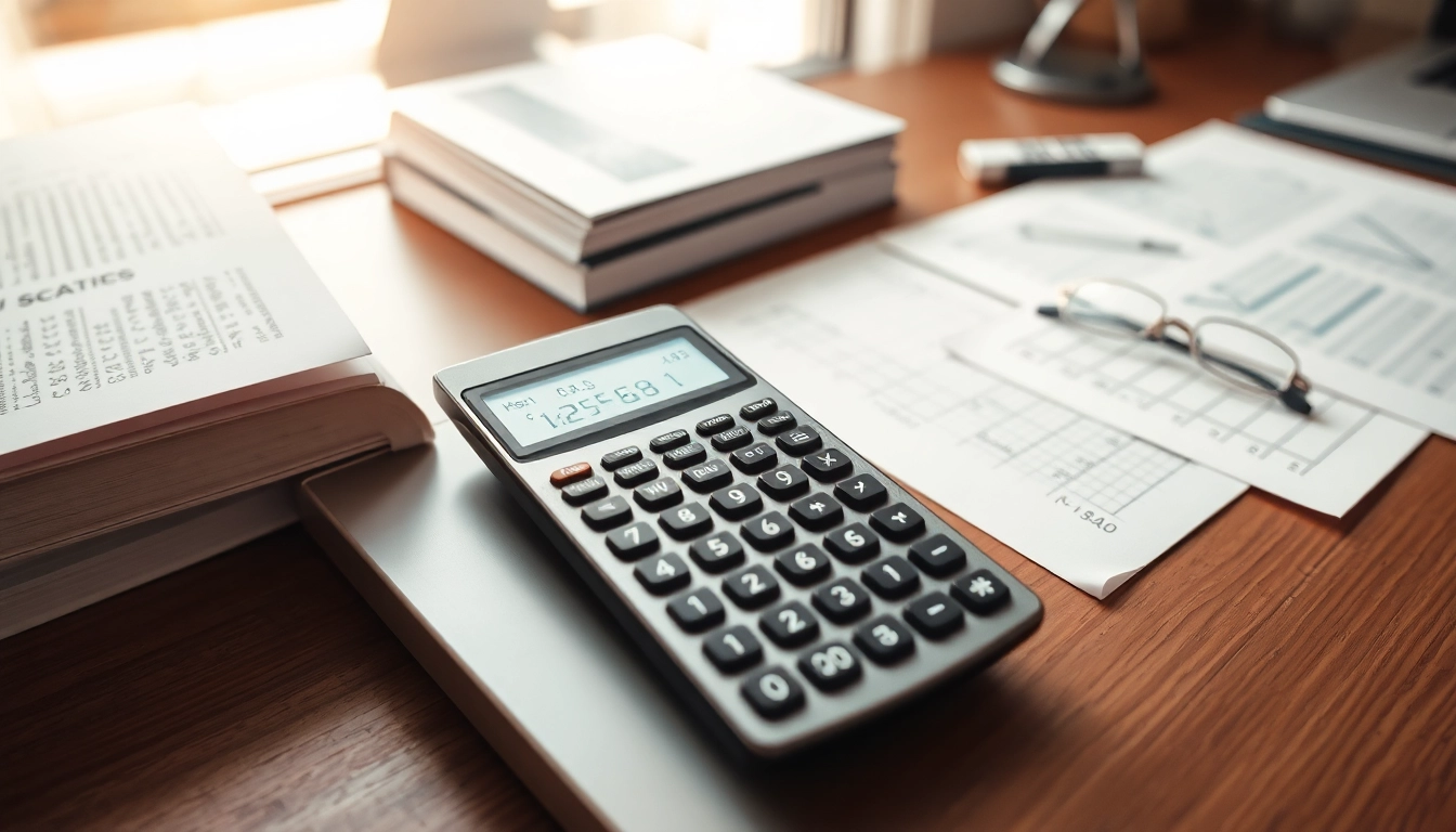 Use a Scientific Calculator for complex equations on a modern desk filled with math books.