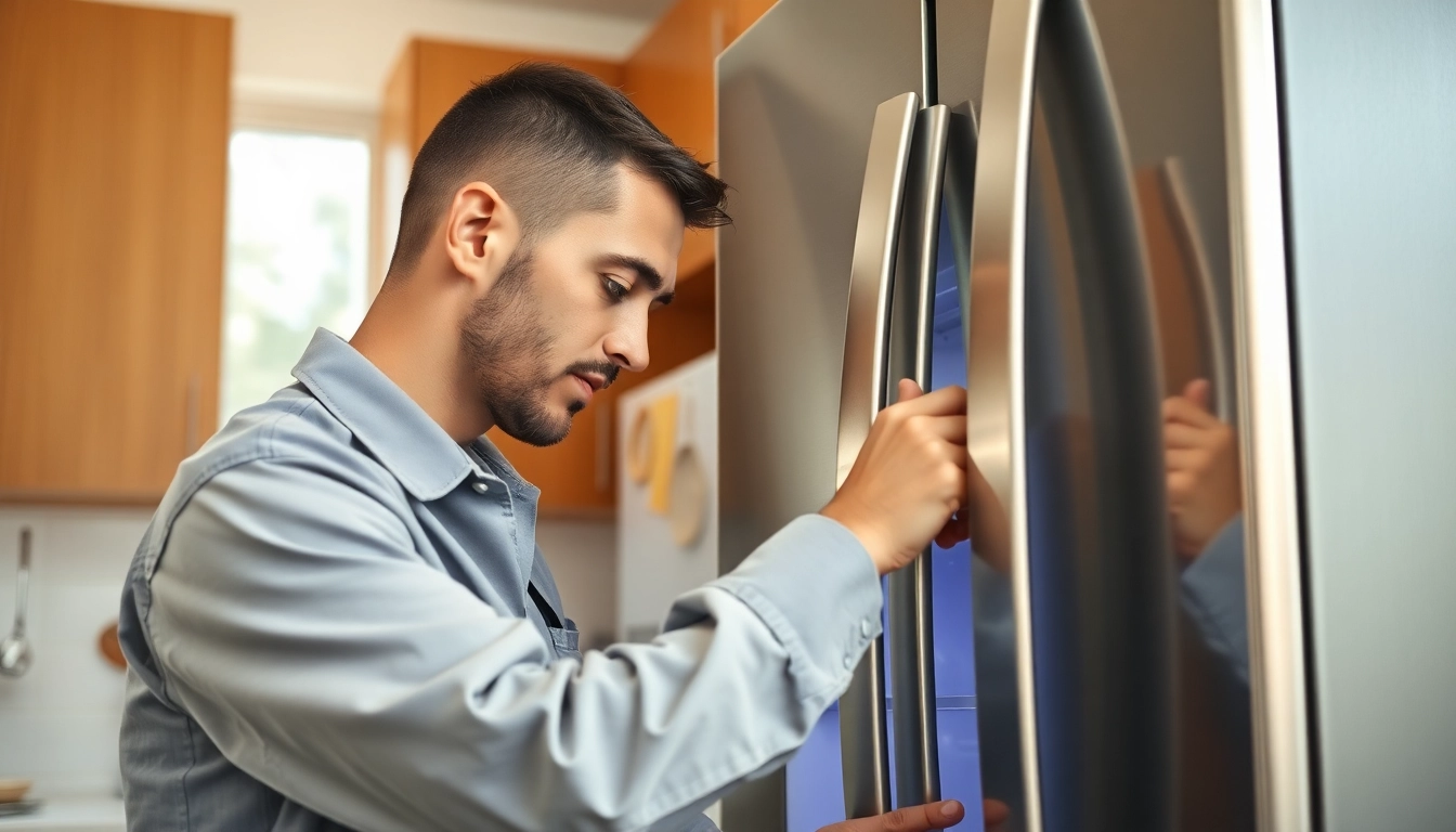 Refrigerator repair technician examining a modern fridge for efficient repairs in a bright kitchen.