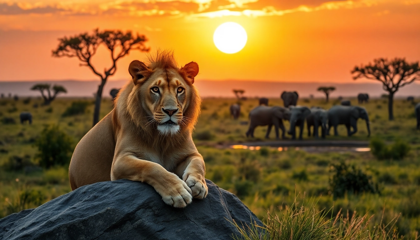 Experience the wildlife of Tanzania safari with a close-up of a lion in a stunning sunset.