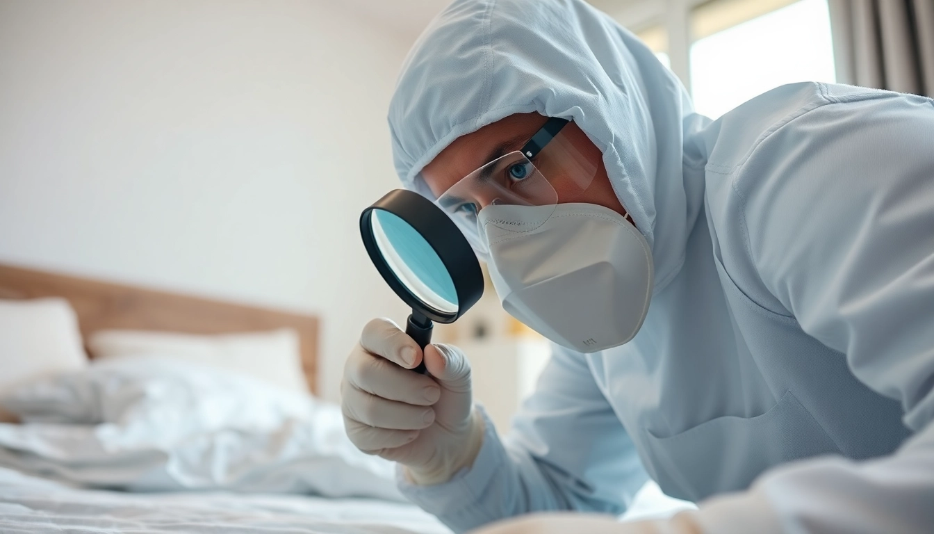 Bed bug exterminator conducting a detailed inspection of furniture for bed bugs