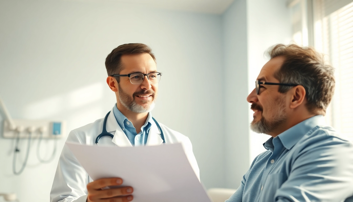 Healthcare provider explaining Testosterone Replacement Therapy benefits to a male patient.