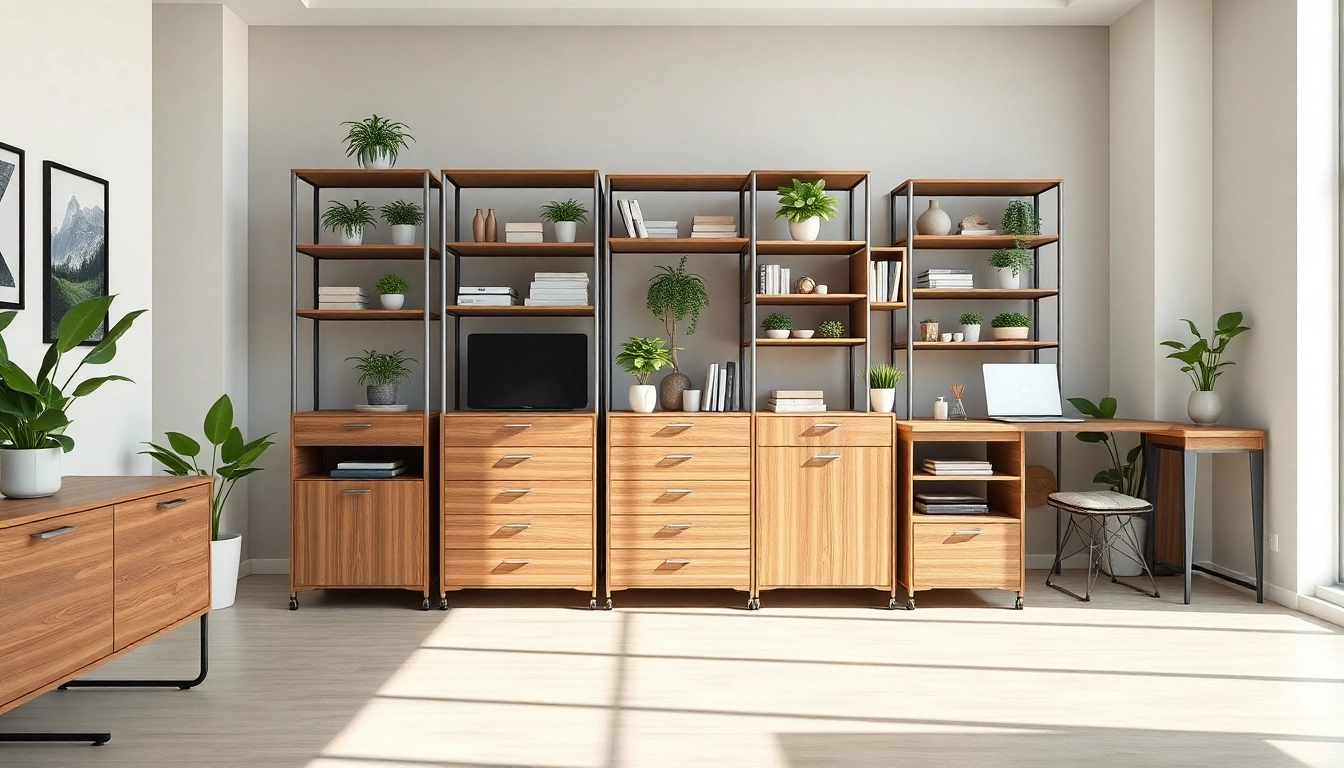 Organize your space with a versatile 6-in-1 Storage Solution, perfect for modern home offices.