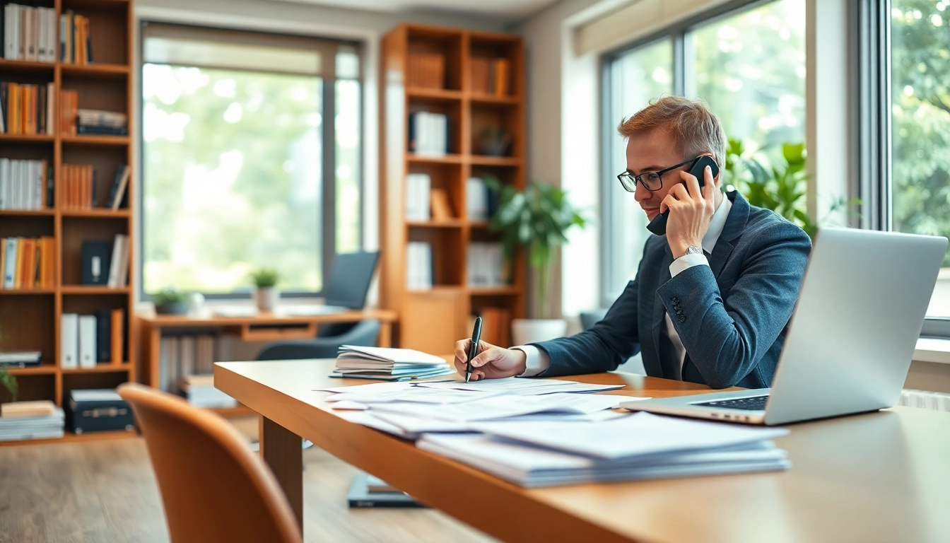 Engaging in telephone data collection in a professional office setting to gather insights.