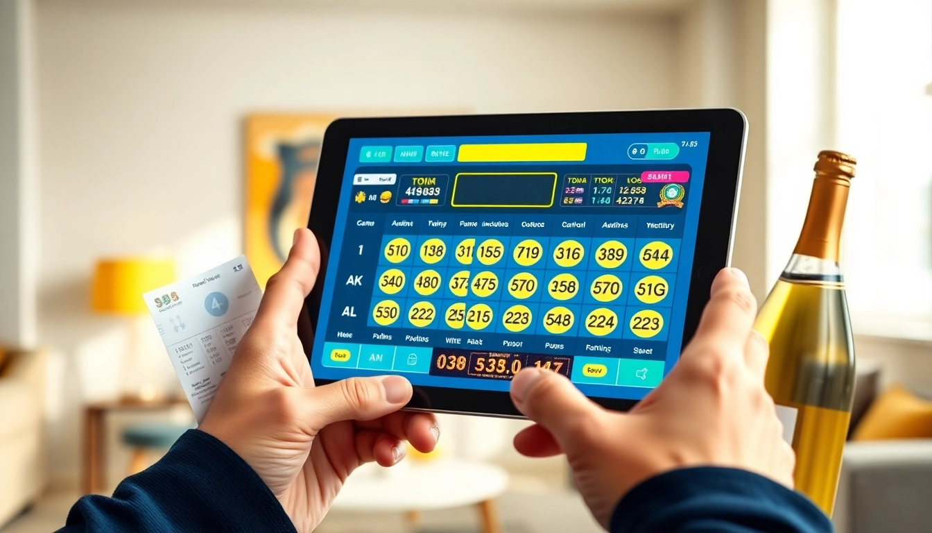 Buy 4D online through a modern lottery platform showcasing excited users and vibrant graphics.