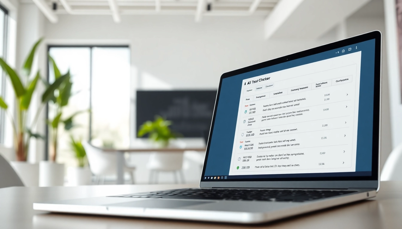 Analyzing text with an AI checker tool on a modern laptop in a bright office.