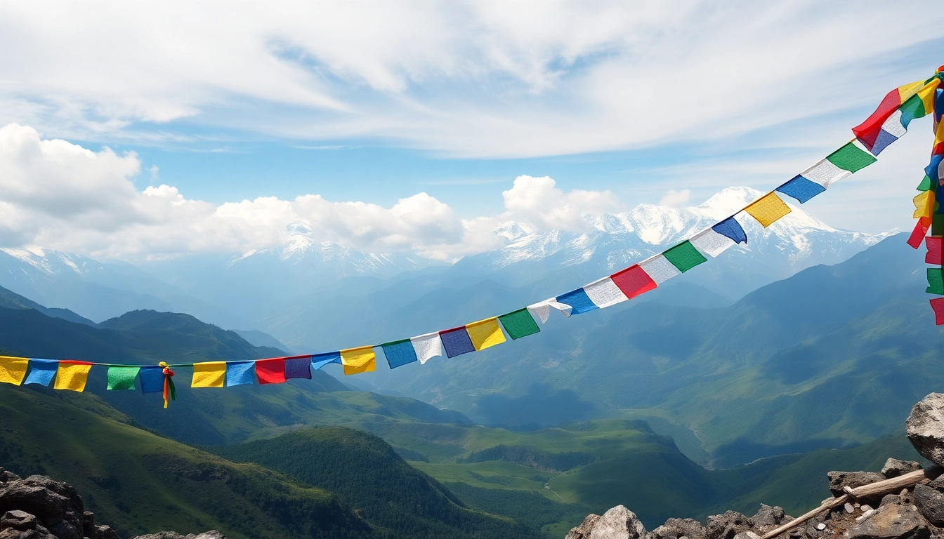 Experience the stunning Langtang Valley Trek with majestic mountains and prayer flags.