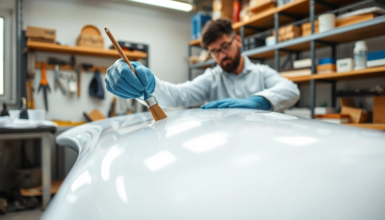 Applying laminating resin to fiberglass mold in a well-lit workshop.