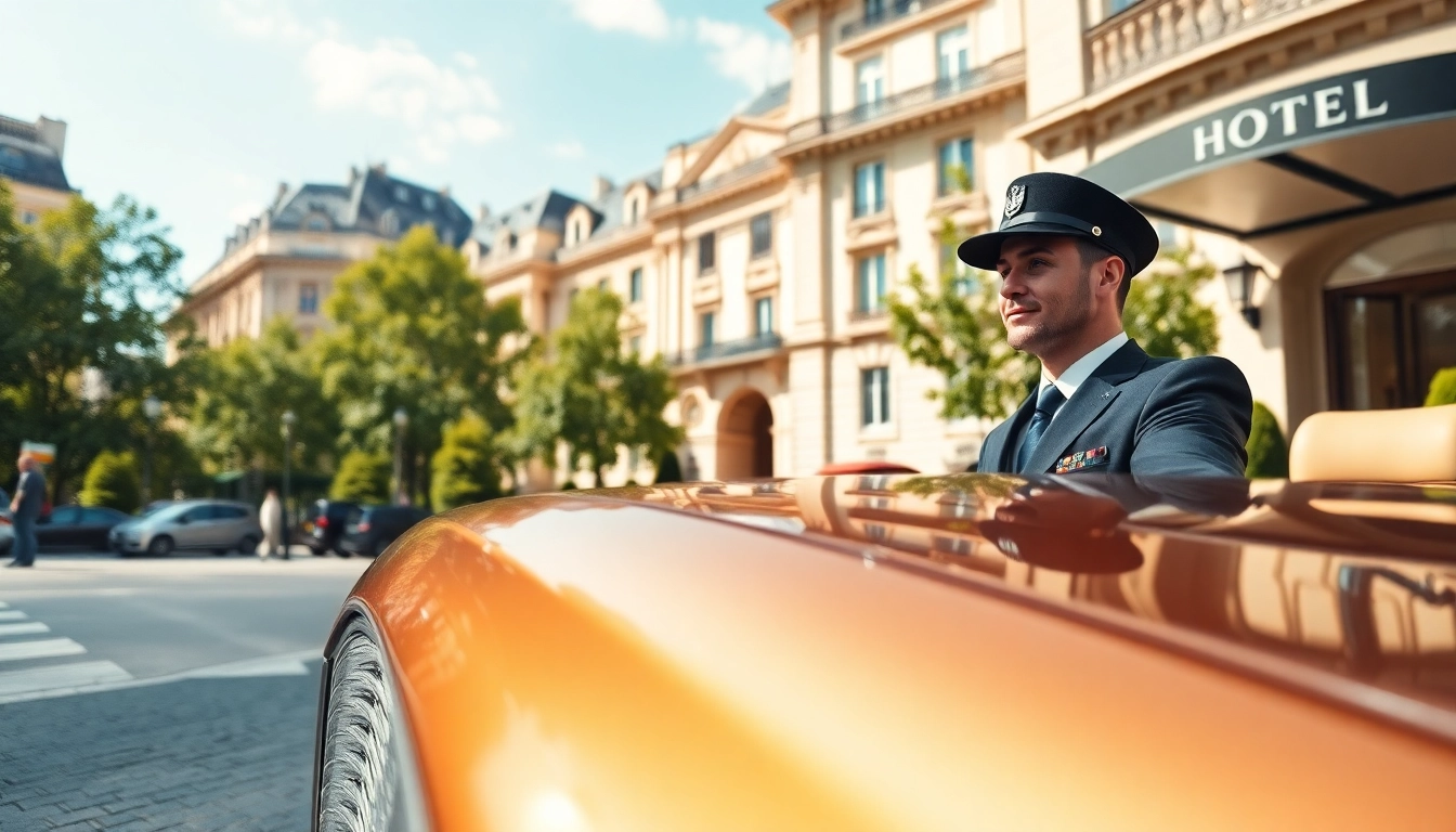 Service de voiture avec chauffeur élégant à Paris, devant un monument célèbre. Confort et luxe garantis.