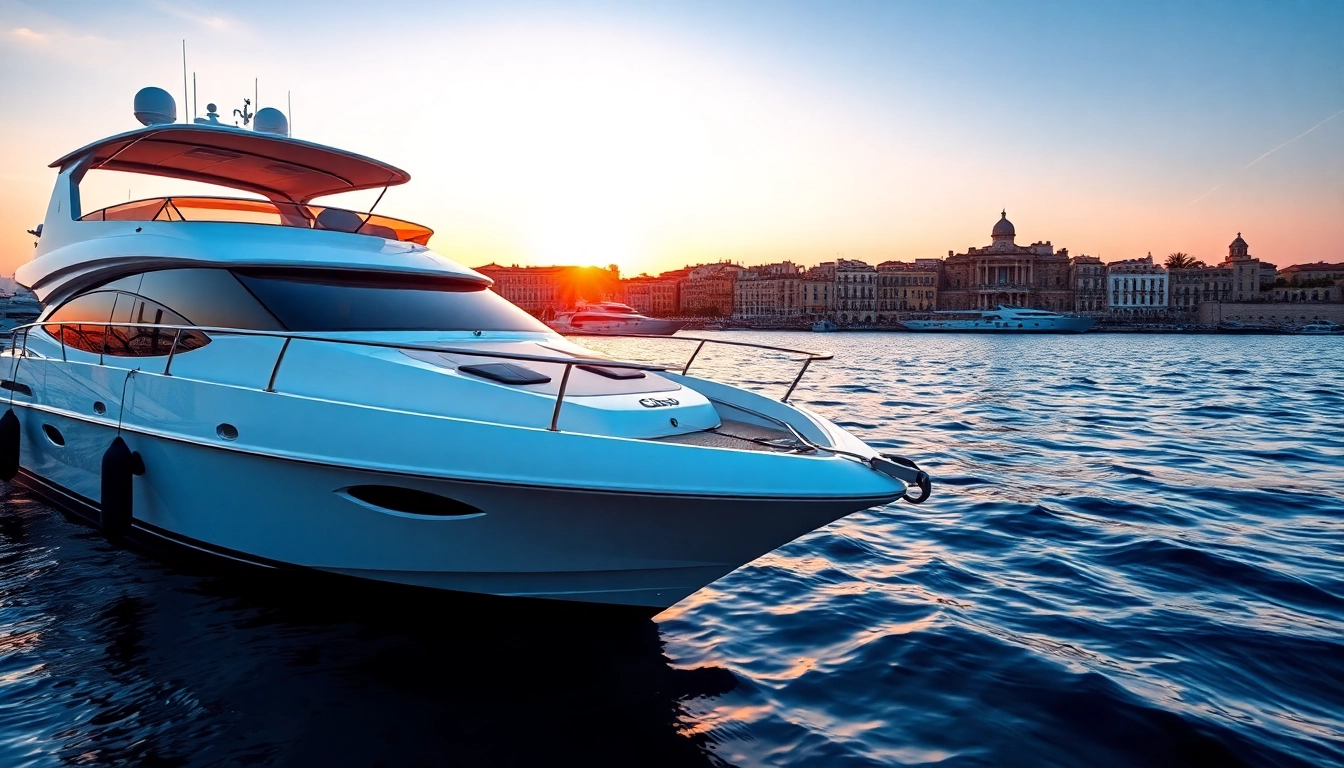 Experience luxury boat hire malta with a sleek yacht at sunset near a vibrant seaside town.