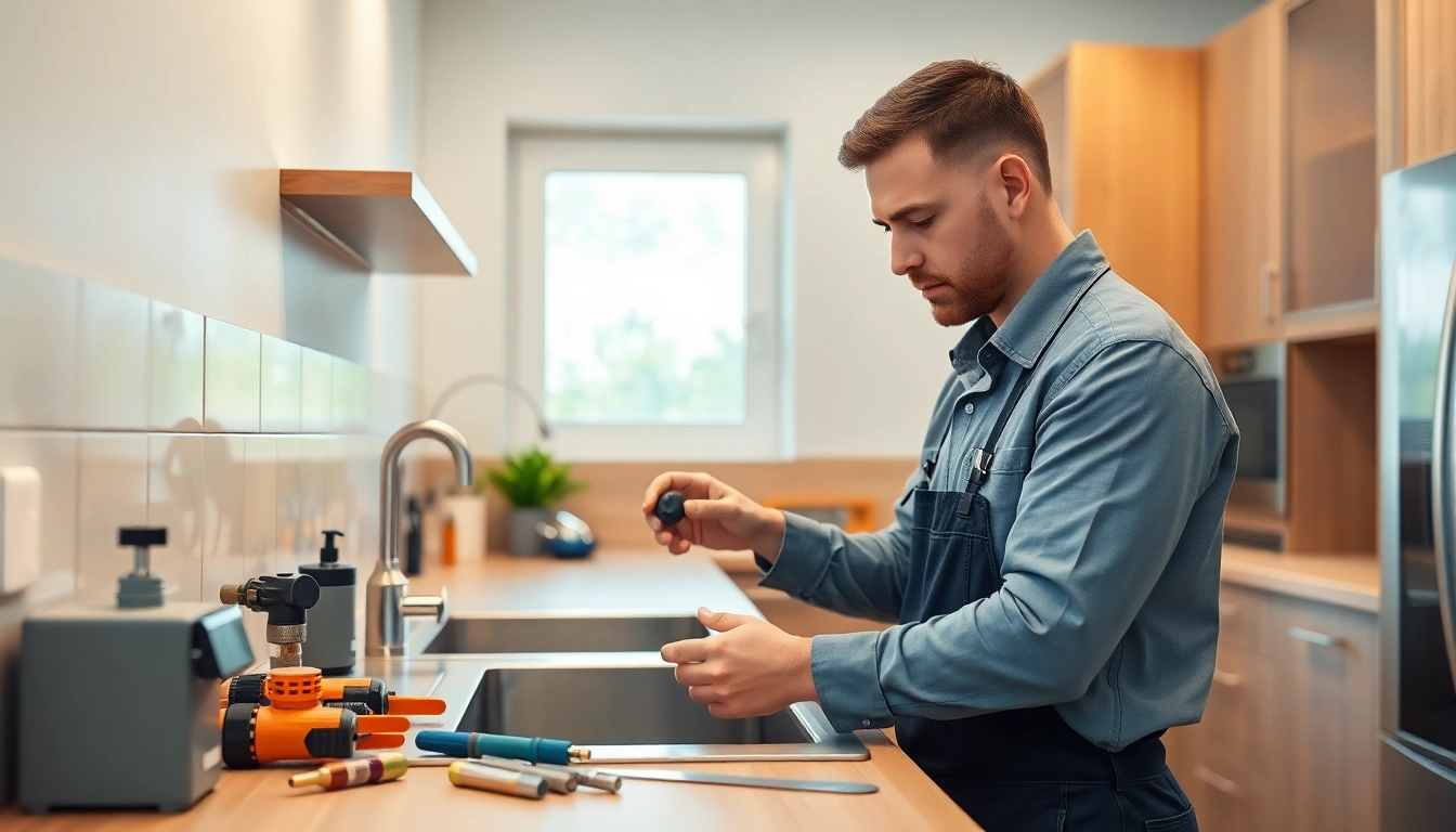 Plumber Sydney inspecting pipes in a modern kitchen environment.