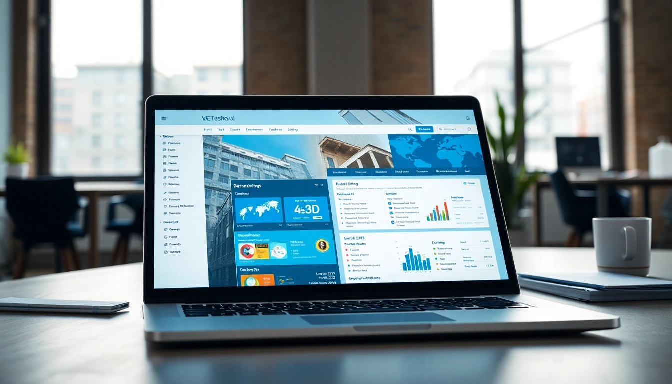 Engaging visual of a global business directory interface on a laptop, showcasing listings and search features.
