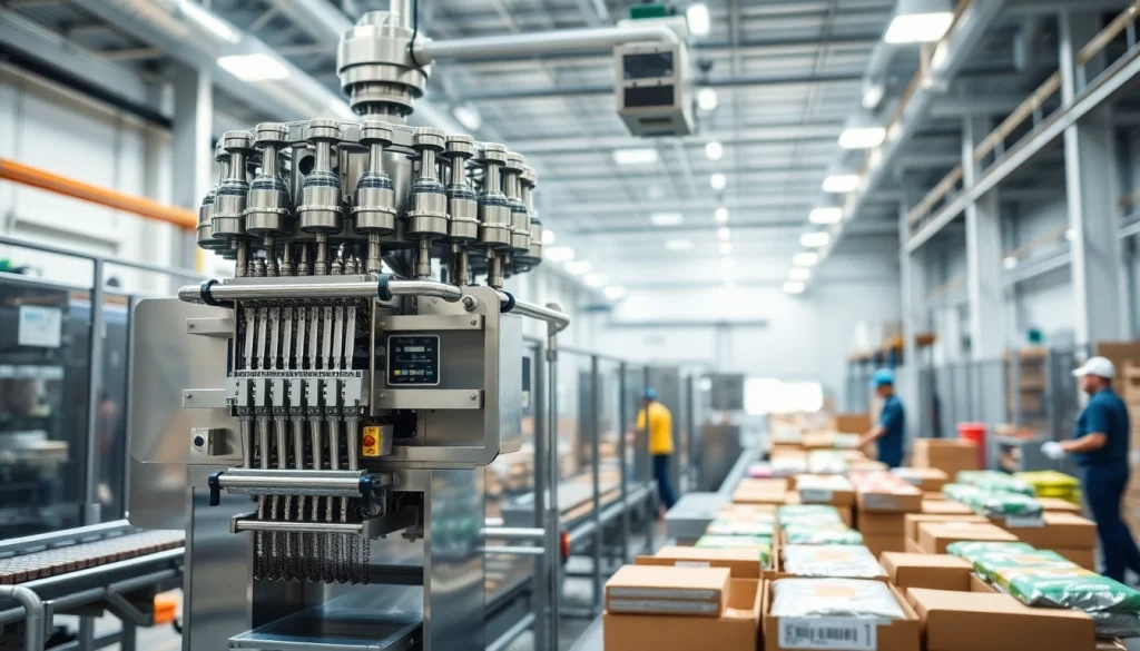Current image: A multihead combination weigher efficiently measuring products in a modern packaging environment.