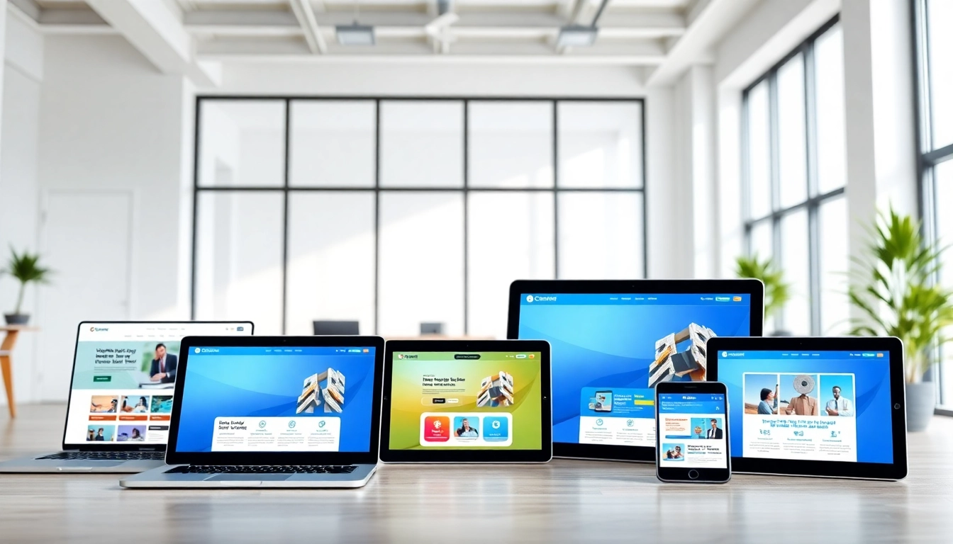 Showcasing vibrant website design mockups in a professional office environment.