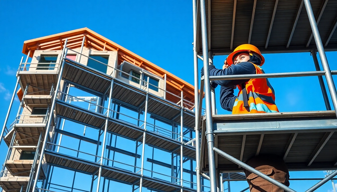 Whangarei scaffolding with a worker inspecting sturdy structures at a construction site.