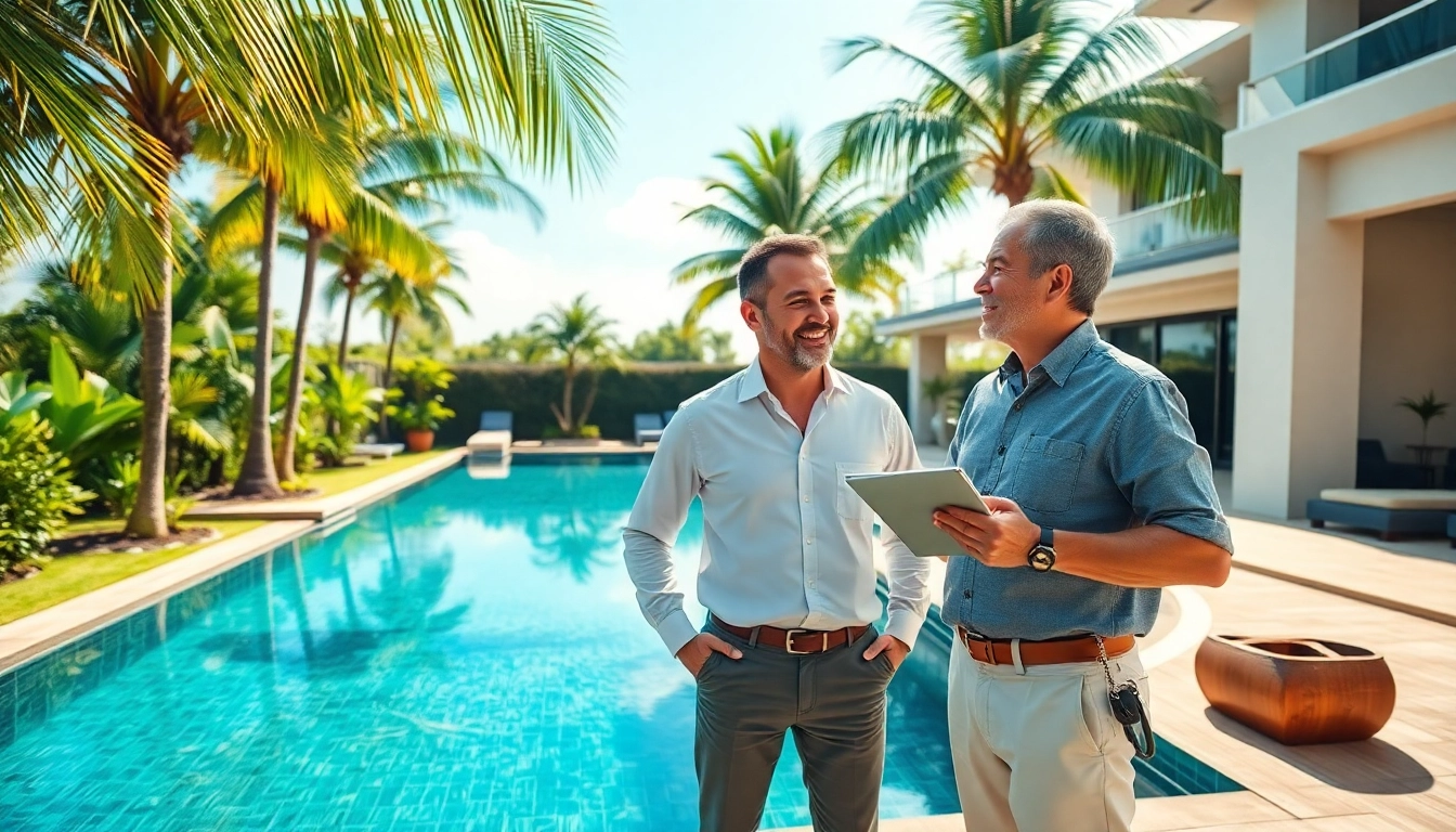 Engaging property management Phuket experience with a manager and homeowner by a picturesque villa pool.