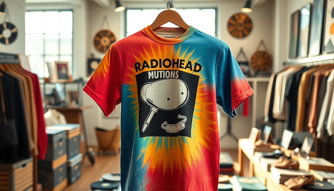 Showcase a stylish radiohead shirt with artistic designs in a boutique setting.