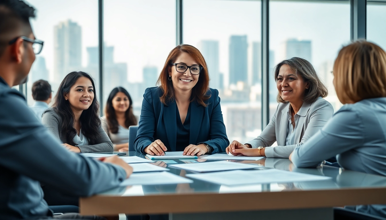 Immigration Consultant assisting diverse clients with immigration processes in a welcoming office.