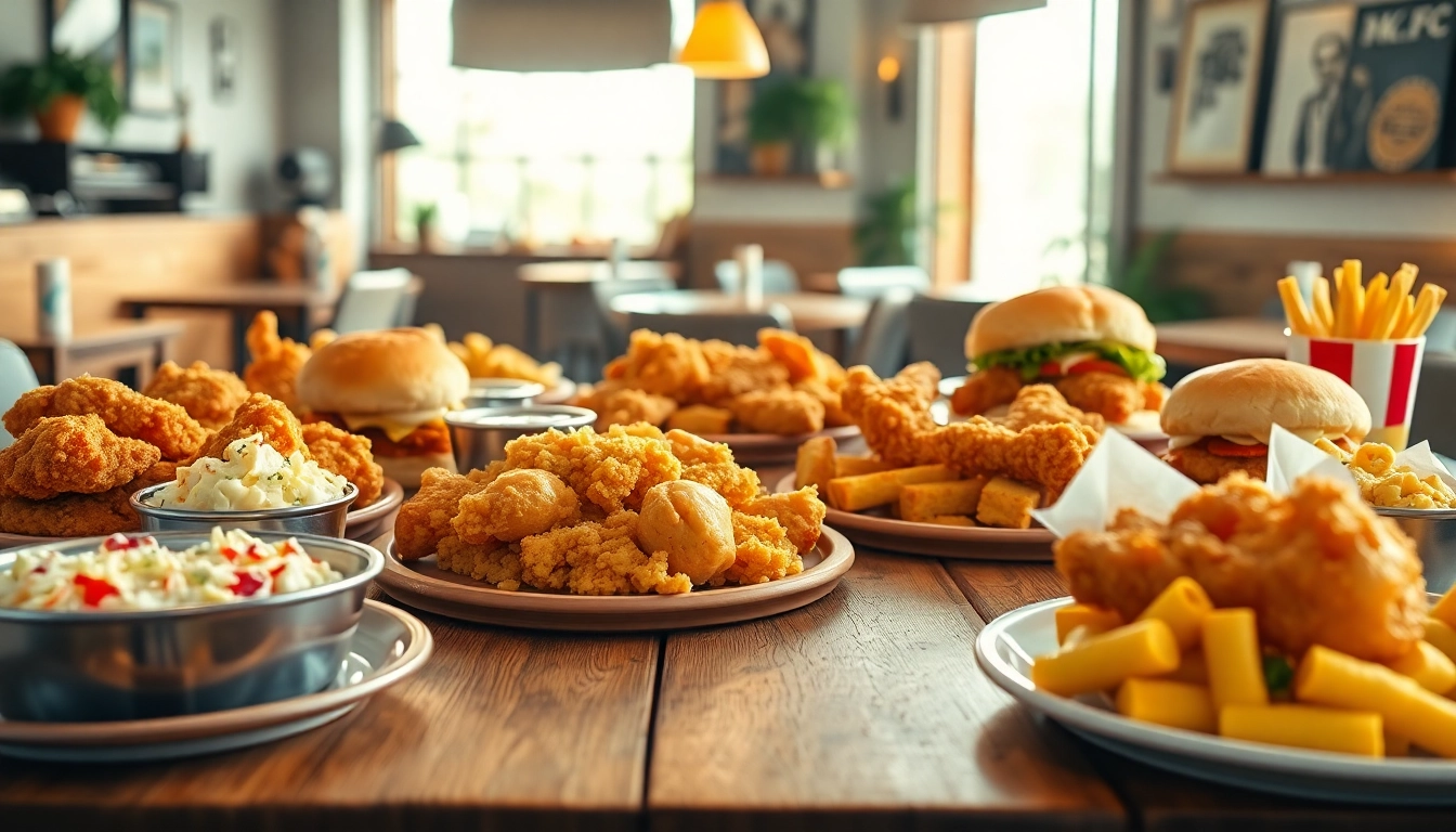 Delicious kfc menu items featuring fried chicken, sandwiches, and sides beautifully arranged.