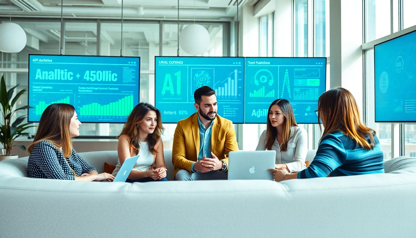Engaging meeting scene illustrating an AI content marketing platform in a modern office environment.