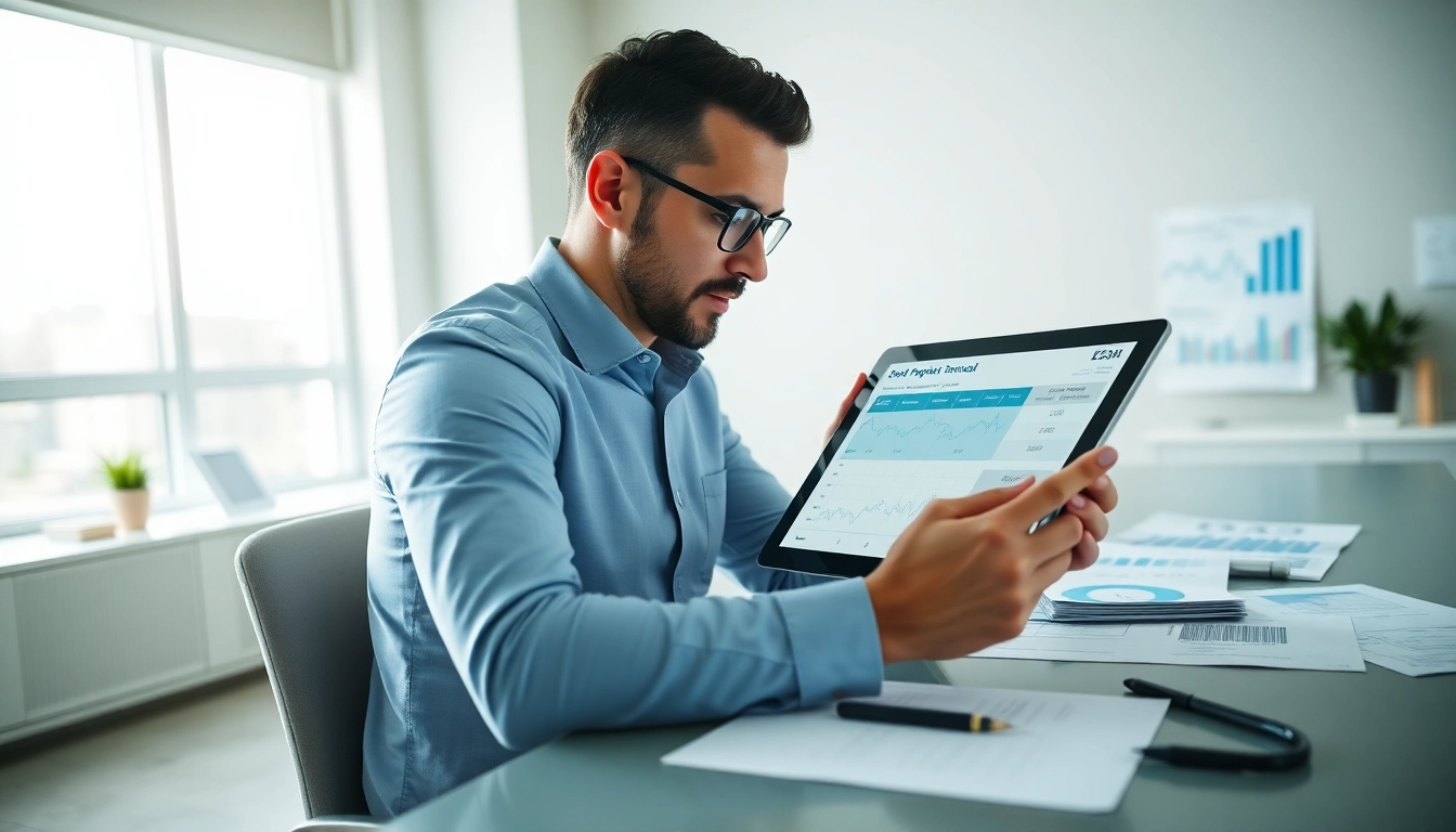 Utilizing a debt repayment tool while analyzing financial data in a modern office setting.