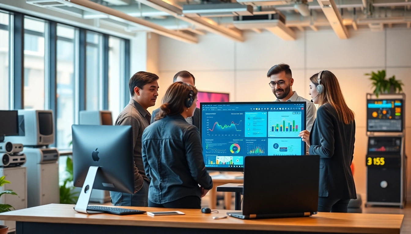 IT support service team collaborating effectively on technology solutions in a modern office.
