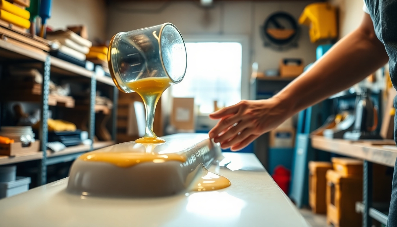Pouring laminating resin onto a fiberglass mold in a bright workshop setting.